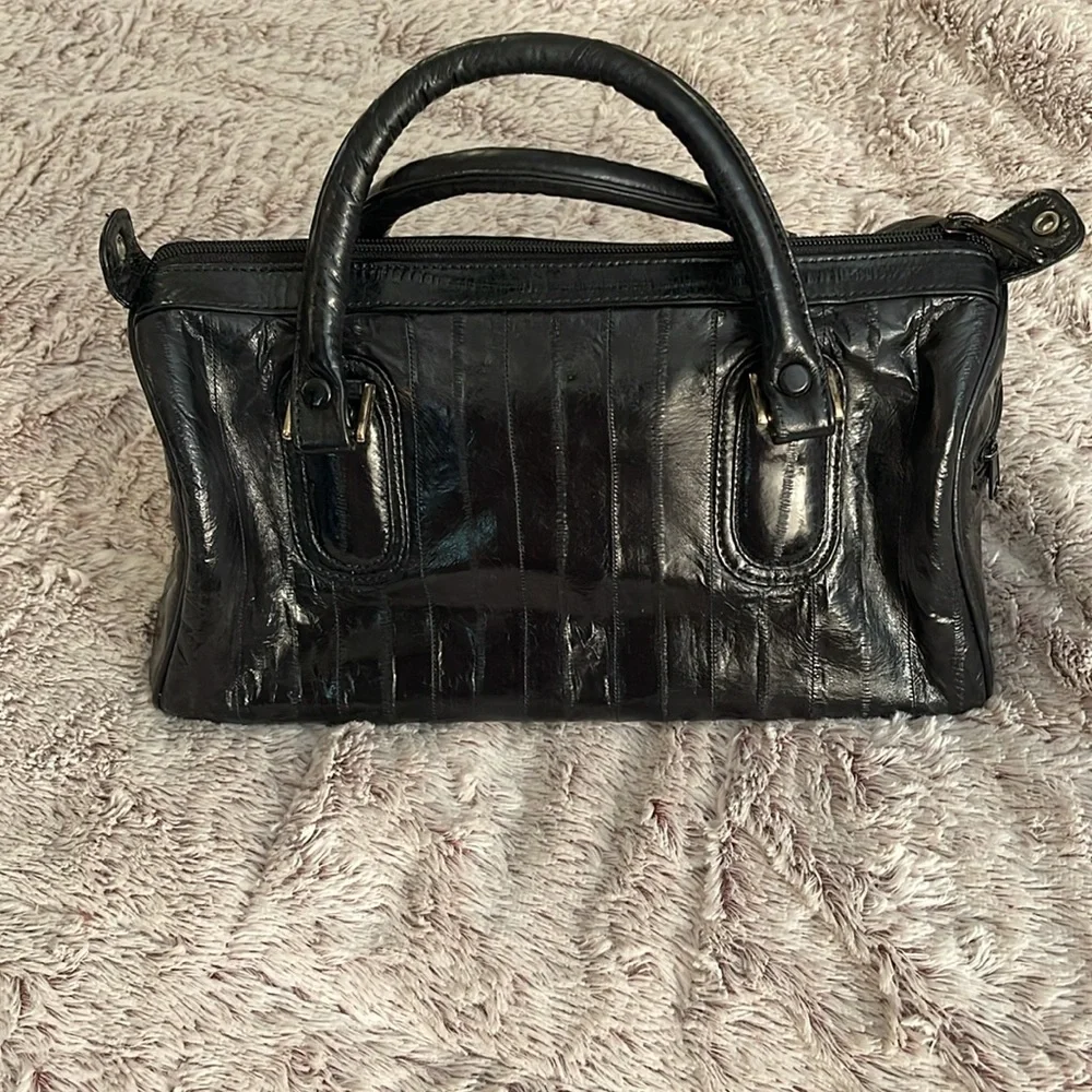 Genuine Eel Skin Handbag‎ Black Top Handle Zipper Closure Classic